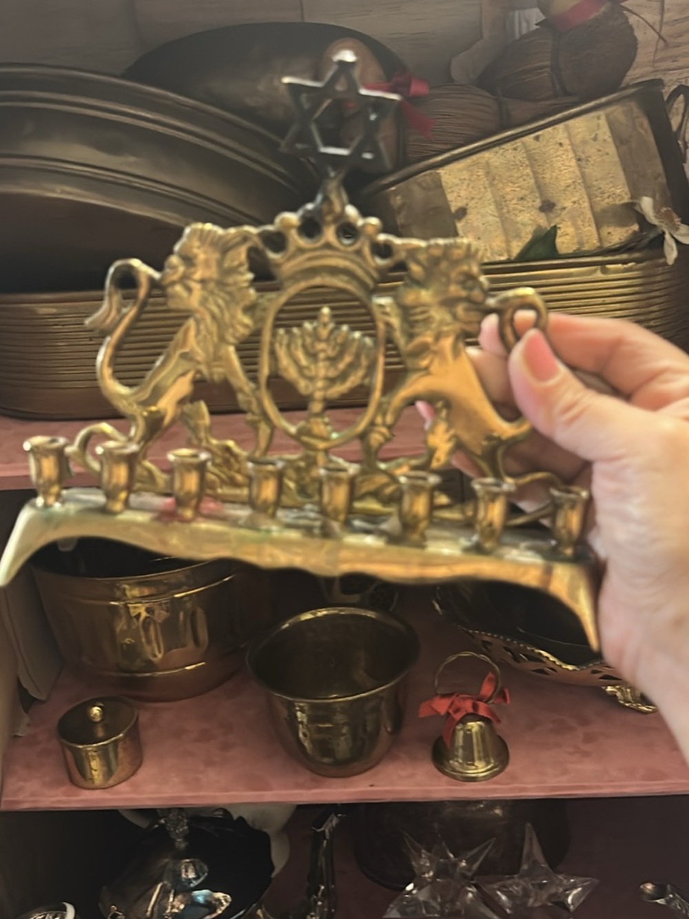 Vintage Brass Menorah with Lion Crest -
